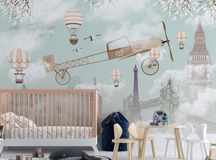 Tapet Personalizat Micii Exploratori cu avion si baloane cu aer cald peste cele 7 minuni ale lumii - OVER THE MONUMENTS
