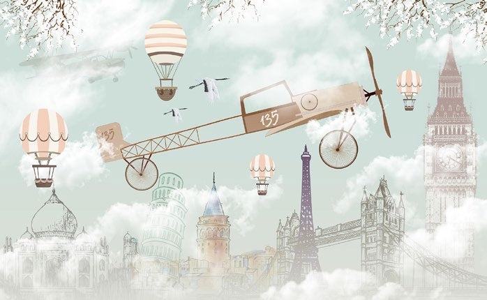 Tapet Personalizat Micii Exploratori cu avion si baloane cu aer cald peste cele 7 minuni ale lumii - OVER THE MONUMENTS