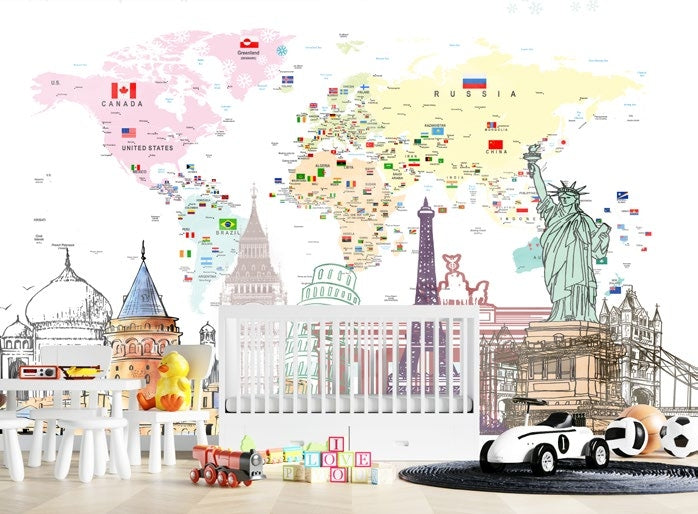 Tapet Personalizat Micii Exploratori cu harta detaliata a lumii cu steaguri si momumentele celor 7 minuni ale lumii - MONUMENTS MAP