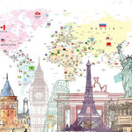 Tapet Personalizat Micii Exploratori cu harta detaliata a lumii cu steaguri si momumentele celor 7 minuni ale lumii - MONUMENTS MAP