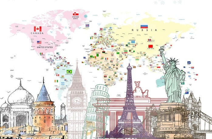 Tapet Personalizat Micii Exploratori cu harta detaliata a lumii cu steaguri si momumentele celor 7 minuni ale lumii - MONUMENTS MAP