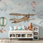 Tapet Personalizat Micii Exploratori cu peisaj de primavara cu avioane si baloane cu animale - HAPPY SPRING