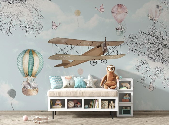 Tapet Personalizat Micii Exploratori cu peisaj de primavara cu avioane si baloane cu animale - HAPPY SPRING
