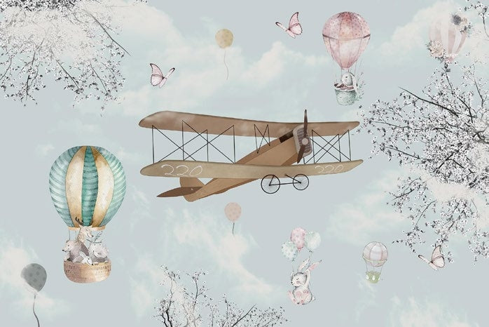 Tapet Personalizat Micii Exploratori cu peisaj de primavara cu avioane si baloane cu animale - HAPPY SPRING