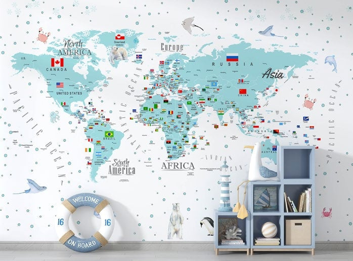 Tapet Personalizat Micii Exploratori cu harta detaliata a lumii in nuante albastre - BLUE BUBBLE DETAILED MAP