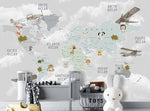 Tapet Personalizat Micii Exploratori cu harta lumii cu animale si avioane pe un fundal gri - GREY CLOUDY MAP