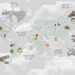 Tapet Personalizat Micii Exploratori cu harta lumii cu animale si avioane pe un fundal gri - GREY CLOUDY MAP