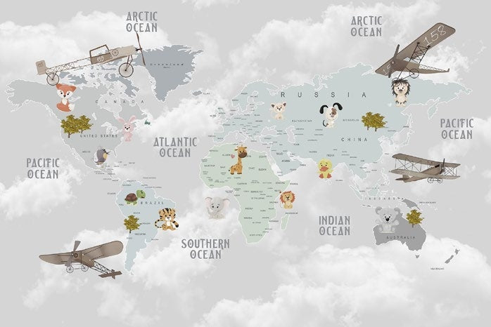 Tapet Personalizat Micii Exploratori cu harta lumii cu animale si avioane pe un fundal gri - GREY CLOUDY MAP