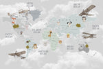 Tapet Personalizat Micii Exploratori cu harta lumii cu animale si avioane pe un fundal gri - GREY CLOUDY MAP