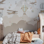 Tapet Personalizat Micii Exploratori cu avioane, baloane si luna printre nori abstracti in nuante de bej - MIDNIGHT FLIGHT BEIGE