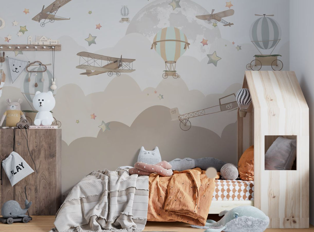 Tapet Personalizat Micii Exploratori cu avioane, baloane si luna printre nori abstracti in nuante de bej - MIDNIGHT FLIGHT BEIGE
