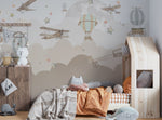 Tapet Personalizat Micii Exploratori cu avioane, baloane si luna printre nori abstracti in nuante de bej - MIDNIGHT FLIGHT BEIGE