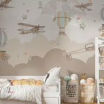 Tapet Personalizat Micii Exploratori cu avioane, baloane si luna printre nori abstracti in nuante de bej - MIDNIGHT FLIGHT BEIGE