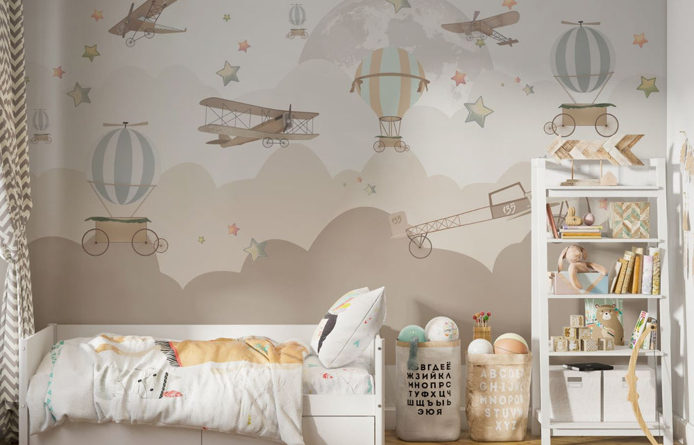 Tapet Personalizat Micii Exploratori cu avioane, baloane si luna printre nori abstracti in nuante de bej - MIDNIGHT FLIGHT BEIGE