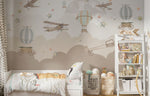 Tapet Personalizat Micii Exploratori cu avioane, baloane si luna printre nori abstracti in nuante de bej - MIDNIGHT FLIGHT BEIGE
