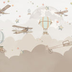 Tapet Personalizat Micii Exploratori cu avioane, baloane si luna printre nori abstracti in nuante de bej - MIDNIGHT FLIGHT BEIGE