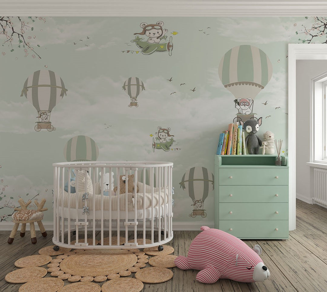 Tapet Personalizat Micii Exploratori cu baloane cu aer cald in nuante de verde menta - MINTY HOT AIR BALLOONS