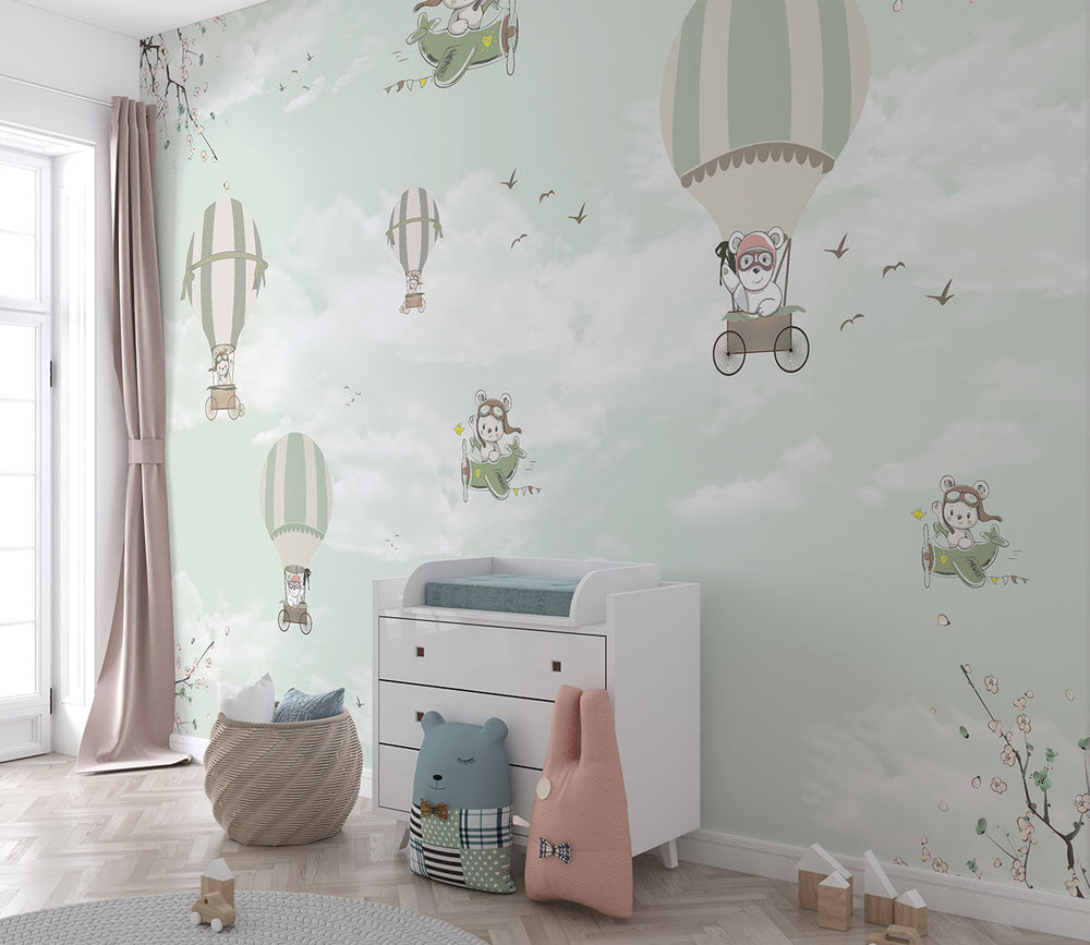 Tapet Personalizat Micii Exploratori cu baloane cu aer cald in nuante de verde menta - MINTY HOT AIR BALLOONS