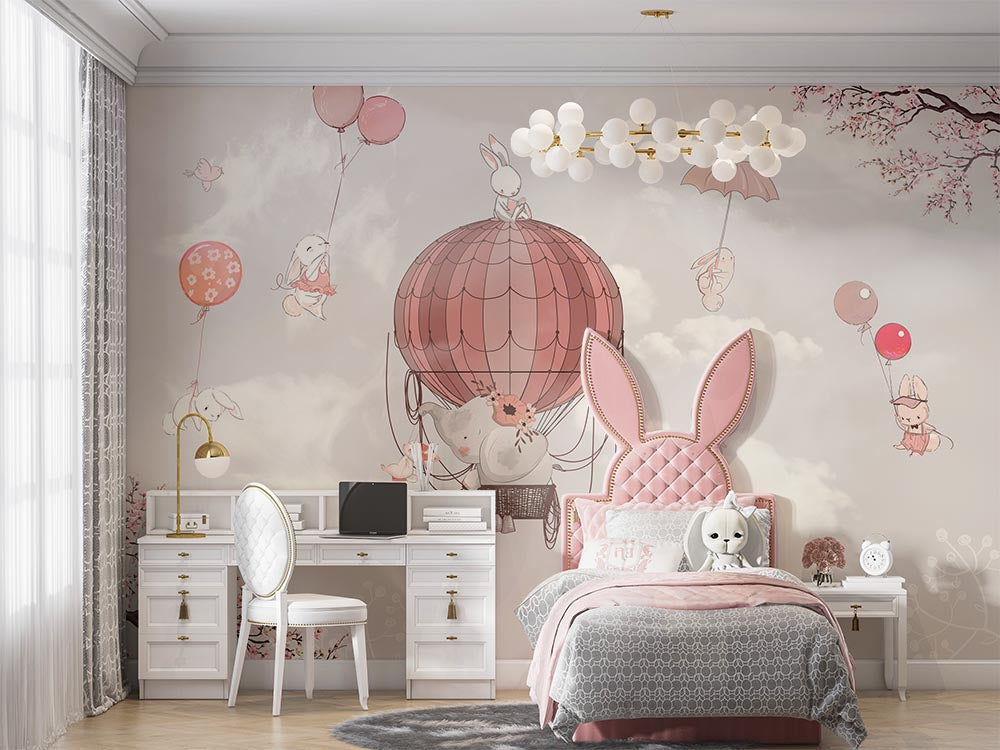 Tapet Personalizat Micii Exploratori cu elefant in balon cu aer cald roz si cer gri - PINK FLOWER ELEPHANT