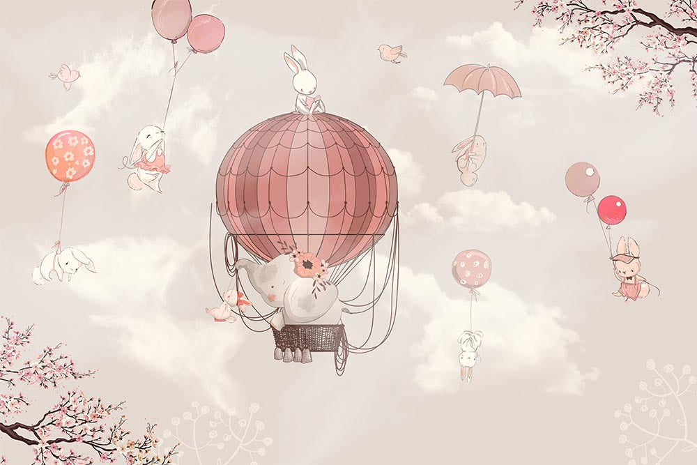 Tapet Personalizat Micii Exploratori cu elefant in balon cu aer cald roz si cer gri - PINK FLOWER ELEPHANT