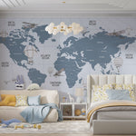 Tapet Personalizat Micii Exploratori cu harta lumii in nuante de albastru si gri - LIGHT BLUE MAP II