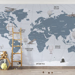 Tapet Personalizat Micii Exploratori cu harta lumii in nuante de albastru si gri - LIGHT BLUE MAP II