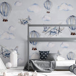 Tapet Personalizat Micii Exploratori cu avioane si baloane cu aer cald in nuante de albastru - LIGHT BLUE WATERCOLOR BALLOONS