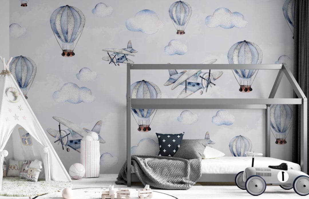 Tapet Personalizat Micii Exploratori cu avioane si baloane cu aer cald in nuante de albastru - LIGHT BLUE WATERCOLOR BALLOONS