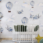 Tapet Personalizat Micii Exploratori cu avioane si baloane cu aer cald in nuante de albastru - LIGHT BLUE WATERCOLOR BALLOONS
