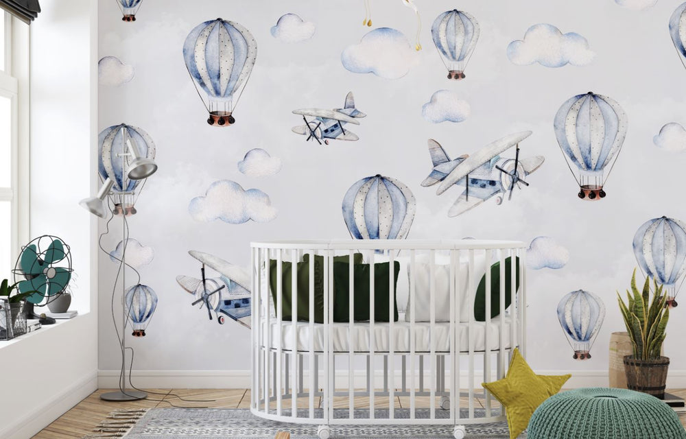 Tapet Personalizat Micii Exploratori cu avioane si baloane cu aer cald in nuante de albastru - LIGHT BLUE WATERCOLOR BALLOONS