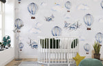 Tapet Personalizat Micii Exploratori cu avioane si baloane cu aer cald in nuante de albastru - LIGHT BLUE WATERCOLOR BALLOONS