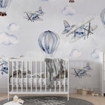 Tapet Personalizat Micii Exploratori cu avioane si baloane cu aer cald in nuante de albastru - LIGHT BLUE WATERCOLOR BALLOONS