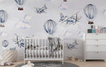 Tapet Personalizat Micii Exploratori cu avioane si baloane cu aer cald in nuante de albastru - LIGHT BLUE WATERCOLOR BALLOONS