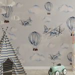 Tapet Personalizat Micii Exploratori cu avioane si baloane cu aer cald in nuante de albastru - LIGHT BLUE WATERCOLOR BALLOONS