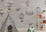 Tapet Personalizat Micii Exploratori cu avioane si baloane cu aer cald in nuante de albastru - LIGHT BLUE WATERCOLOR BALLOONS