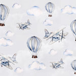Tapet Personalizat Micii Exploratori cu avioane si baloane cu aer cald in nuante de albastru - LIGHT BLUE WATERCOLOR BALLOONS
