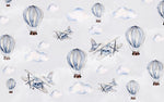 Tapet Personalizat Micii Exploratori cu avioane si baloane cu aer cald in nuante de albastru - LIGHT BLUE WATERCOLOR BALLOONS