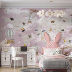 Tapet Personalizat Micii Exploratori cu harta lumii cu animale si munti cu fundalul roz - DARK PINK MOUNTAIN MAP