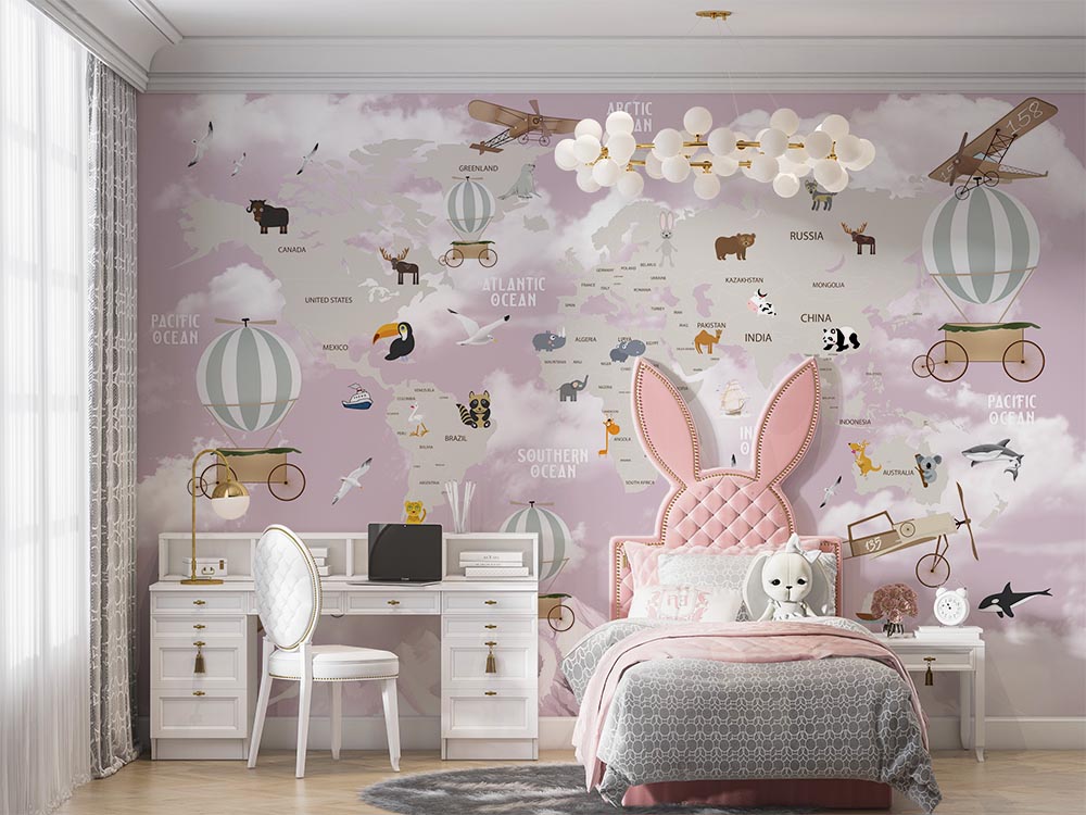 Tapet Personalizat Micii Exploratori cu harta lumii cu animale si munti cu fundalul roz - DARK PINK MOUNTAIN MAP