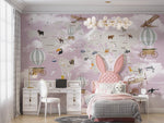 Tapet Personalizat Micii Exploratori cu harta lumii cu animale si munti cu fundalul roz - DARK PINK MOUNTAIN MAP