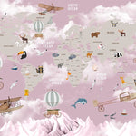 Tapet Personalizat Micii Exploratori cu harta lumii cu animale si munti cu fundalul roz - DARK PINK MOUNTAIN MAP