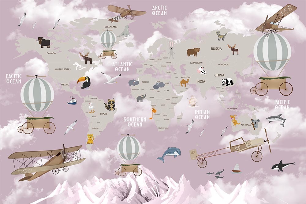 Tapet Personalizat Micii Exploratori cu harta lumii cu animale si munti cu fundalul roz - DARK PINK MOUNTAIN MAP