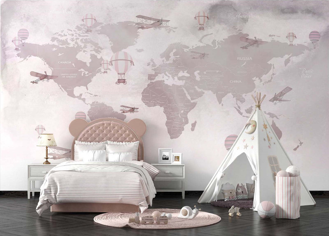 Tapet Personalizat Micii Exploratori cu harta lumii in nuante bej rozalii - DUSTY MAUVE MAP