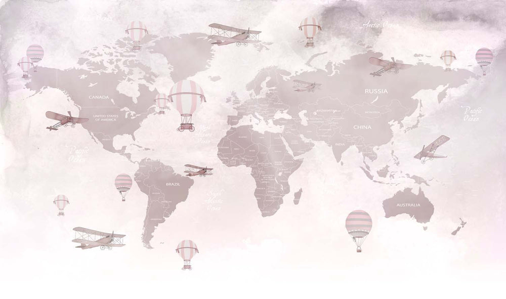 Tapet Personalizat Micii Exploratori cu harta lumii in nuante bej rozalii - DUSTY MAUVE MAP