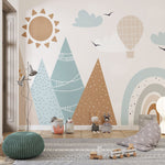 Tapet Personalizat Inspiratie Scandinava pentru Copii cu munti abstracti, soare si curcubeu in stil boho in nuante mustar si albastru deschis - BOHO RAINBOW MOUNTAINS