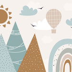 Tapet Personalizat Inspiratie Scandinava pentru Copii cu munti abstracti, soare si curcubeu in stil boho in nuante mustar si albastru deschis - BOHO RAINBOW MOUNTAINS