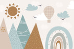 Tapet Personalizat Inspiratie Scandinava pentru Copii cu munti abstracti, soare si curcubeu in stil boho in nuante mustar si albastru deschis - BOHO RAINBOW MOUNTAINS