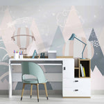 Tapet Personalizat Inspiratie Scandinava pentru Copii cu munti abstracti in nuante de albastru si baloane cu aer cald - BLUE MOUNTAIN STARS