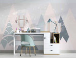 Tapet Personalizat Inspiratie Scandinava pentru Copii cu munti abstracti in nuante de albastru si baloane cu aer cald - BLUE MOUNTAIN STARS