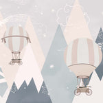 Tapet Personalizat Inspiratie Scandinava pentru Copii cu munti abstracti in nuante de albastru si baloane cu aer cald - BLUE MOUNTAIN STARS